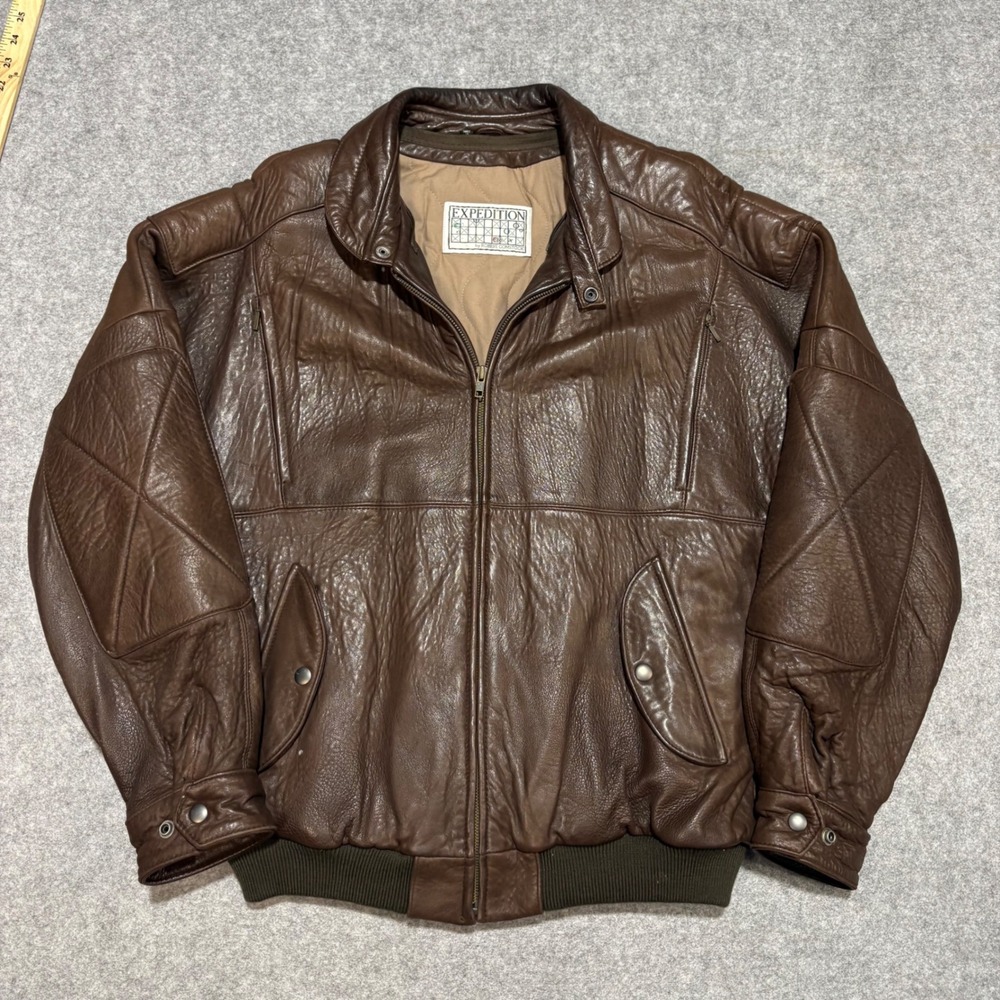 Expedition by Robert Comstock Brown Leather Bomber Jacket Mens Vintage L Large